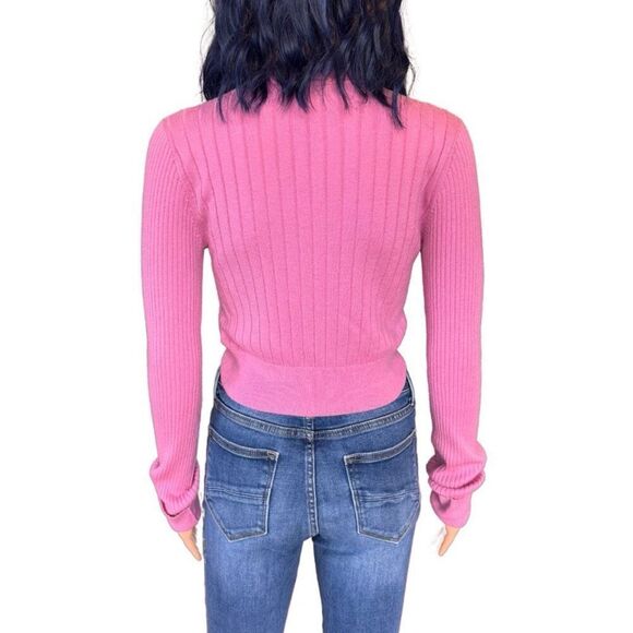 TOME Pink Ribbed Mock Neck Merino Wool Blend Crop Sweater - Picture 4 of 7